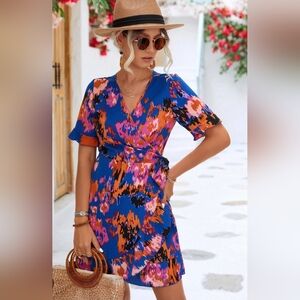 NWT ANNVA Floral Wrap Dress in Blue and Orange SZ M